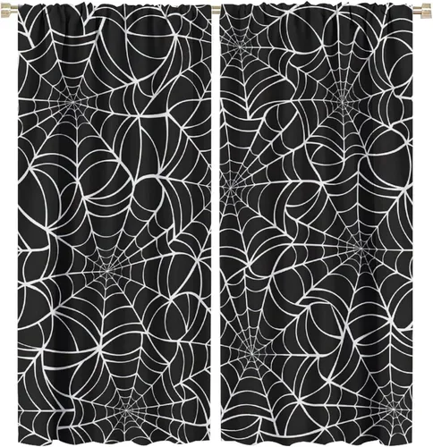 Vista 75 de Cortinas opacas de tela de araña aterradora para niños, tela de araña en blanco y negro, fondo rojo, dormitorio de niños, guardería, decoración