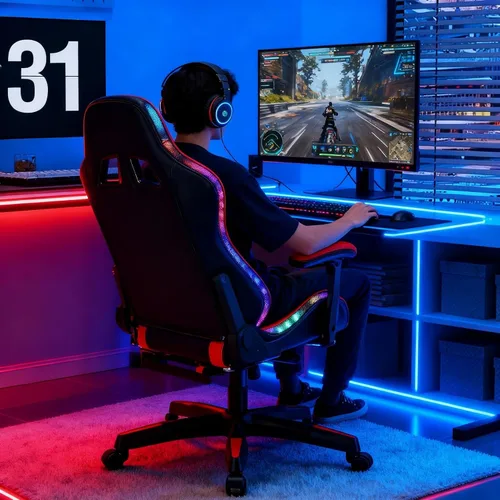Vista 2 de Silla de juegos con altavoces Bluetooth y luces LED, silla ergonómica de masaje para computadora, altura ajustable, silla de videojuegos con asiento