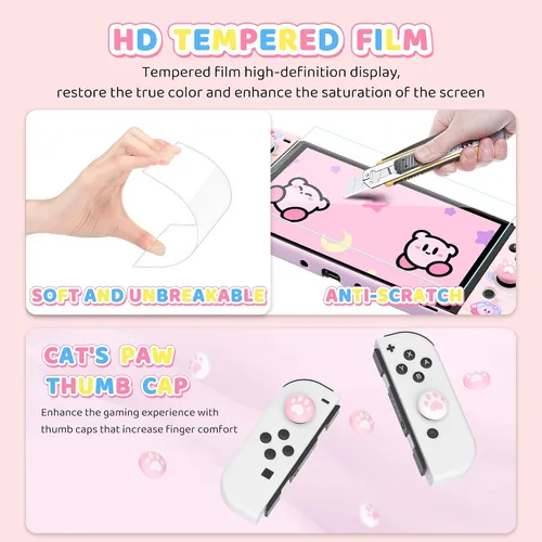 Vista 4 de HYPERCASE 8 in 1 Cute Anime Switch OLED Accessories Bundle, with Pink Switch OLED Carrying Travel Case, Hard PC Protective Cover Skin, HD Screen