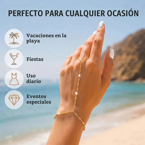 Vista 5 de Long tiantian Pulsera de cadena de mano, pulseras de oro para mujer, pulseras de cadena de eslabones de moda, anillo de dedo, pulsera de esclavos