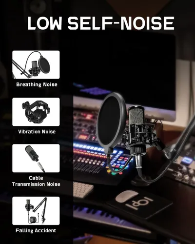 Vista 5 de ALABS Micrófono de condensador XLR, kit profesional de micrófono cardioide de grabación con diafragma de 25 mm para streaming, podcasting, canto