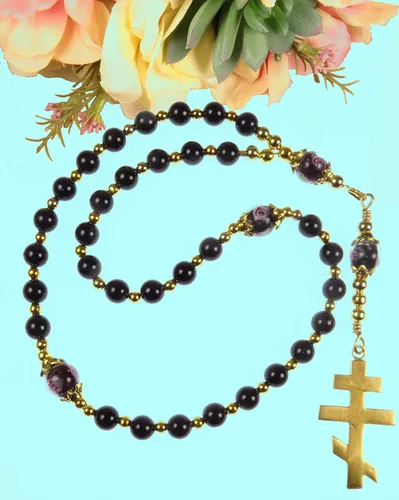 Vista 7 de Handmade Rosary Eastern Orthodox Greek Chotki Black Shell Pearls and Gold Tone Orthodox Cross
