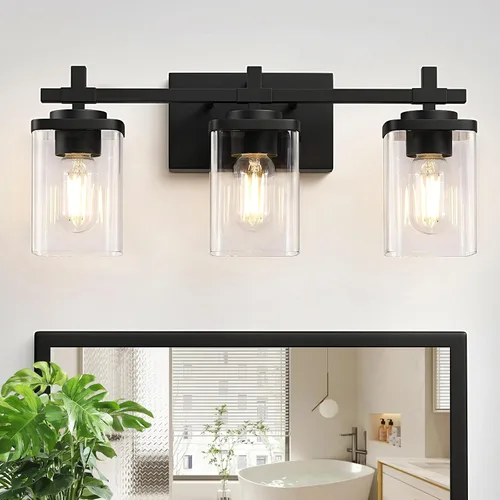 Vista 19 de 2 luces de tocador de baño, accesorios de luz de tocador negro mate sobre espejo, apliques de pared modernos con pantalla de vidrio transparente