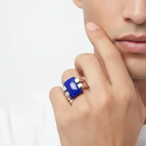 Vista 5 de 55Carat Natural Lapislázuli Hombres Anillo Plata Rectángulo Forma Azul Piedra Handamde Tamaño 5,6,7,8,9,10,11,12