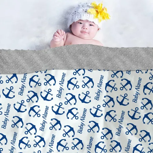 Vista 3 de Mantas náuticas personalizadas de color azul marino para niños y niños, mantas de Minky suaves personalizadas con nombre, manta de felpa suave