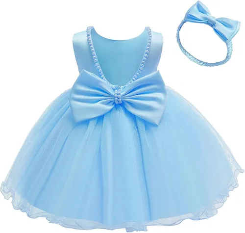 Vista 8 de 6M-6T Vestido de encaje sin espalda para bebé, vestido formal de princesa con gorro Rosa bebé