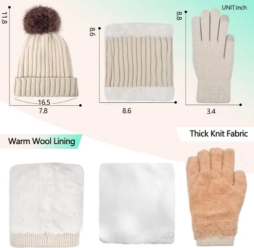 Vista 2 de Juego de 3 gorros de punto de invierno para mujer, bufanda y guantes para pantalla táctil con pompón