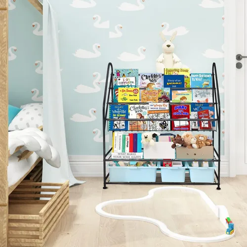 Vista 7 de aboxoo Estantería de metal para niños, grande, independiente, para habitación de los niños, organizador de juguetes de 32 pulgadas, estantería