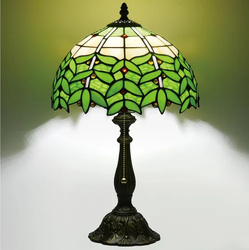 Vista 12 de Tiffany Style Stained Glass Table Lamp, Floral Pattern Desk Light with Antique Bronze Resin Base, Red Roses Decorative Lighting for Bedroom, Living