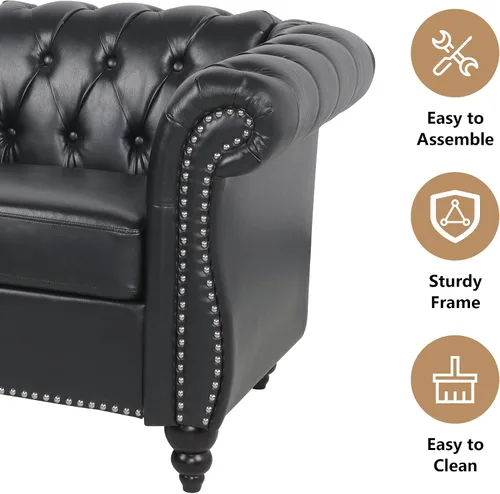 Vista 5 de QHITTY Sofá grande Accent, sofá Chesterfield de 3 plazas moderno de cuero, sofá tapizado con respaldo copetudo para muebles de sala de estar (negro)