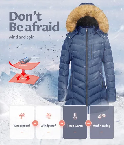 Vista 6 de CREATMO US Abrigo de invierno con capucha para mujer, impermeable, cálido, largo acolchado, parka