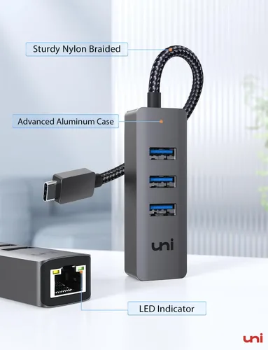 Vista 6 de uni Adaptador USB-C a Ethernet, HUB USB C Ethernet 1Gbps con USB 3.0 4EN1, [Compatible con Thunderbolt 4/3] Adaptador de red USB C para MacBook