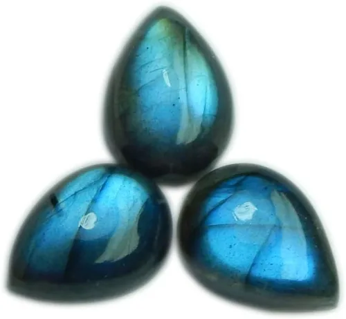Vista 2 de Natural Calibrated 10x14mm Pear Shape Blue Fire Labradorite Cabochon Loose Gemstone 3pcs Box. for Healing Wellness and Jewelry Making.