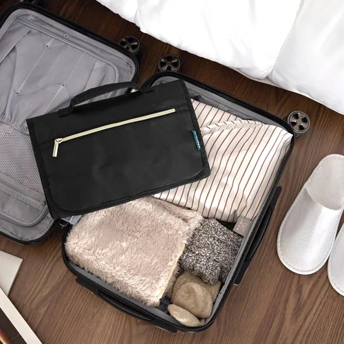 Vista 7 de PAVILIA - Neceser colgante para mujer y hombre, kit de viaje plegable organizador de artículos de tocador, bolsa de cosméticos enrollable, estuche