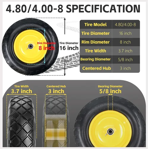 Vista 6 de Neumático y rueda sólidos para carretilla 4.80/4.00-8, neumático sin aire de 16" con cubo centrado de 3", rodamientos de 5/8" y 3/4", compatible