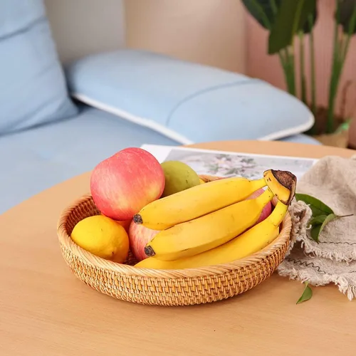 Vista 5 de I-lan Cestas de pan redondas de 10 pulgadas con pared de 2 pulgadas, cesta de frutas de ratán con borde enrollado, cesta decorativa natural