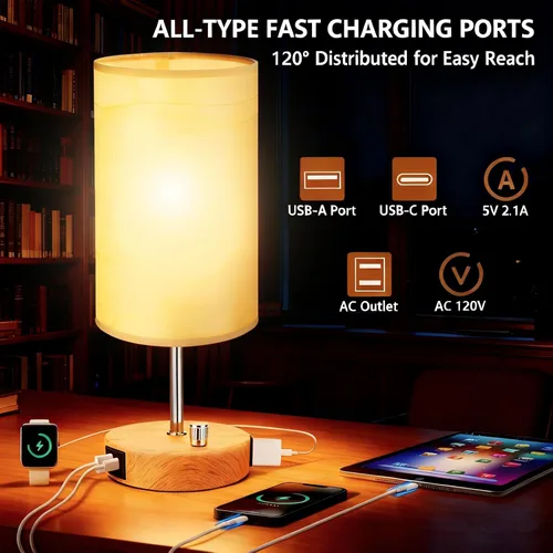 Vista 3 de HiBay Lámpara de mesita de noche regulable de 17.75 pulgadas con estación de carga, 2 puertos USB y salida de CA, luz rústica de grano de madera