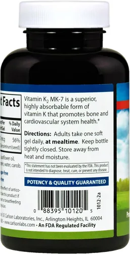 Vista 3 de Carlson Labs Vitamina K2-7 45 MCG Suplemento mineral Softgels, 180
