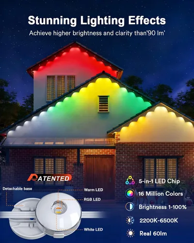 Vista 4 de Luces exteriores permanentes Lumary Max 53 pies con 40 luces de cornisa LED RGBAICW 2400LM, IP67 impermeable, control IC y modos de escena