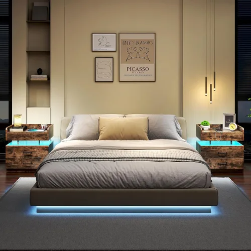 Vista 10 de TC-HOMENY Mesita de noche flotante de acrílico con modo activado por voz, mesita de noche LED con estación de carga, mesa auxiliar con 2 cajones