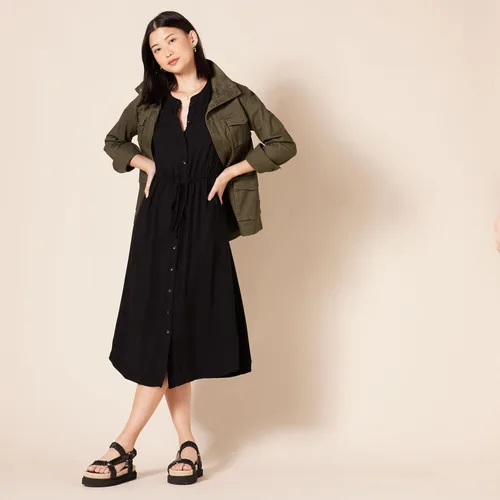 Vista 5 de Tienda Essentials - Vestido por debajo de la rodilla de media manga para mujer, estilo acampanado, ajuste holgado, ceñido en la cintura