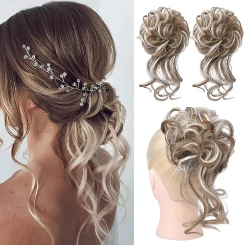 Vista 14 de HOOJIH 2 piezas de extensiones de cabello estilo moño despeinado, extensiones de cabello rizado y ondulado con tiras, cola de caballo, horquillas