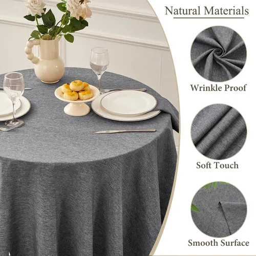 Vista 4 de Mantel redondo de lino, mantel de estilo granja impermeable y resistente a las manchas, cubierta de mesa de decoración falsa lavable para cocina