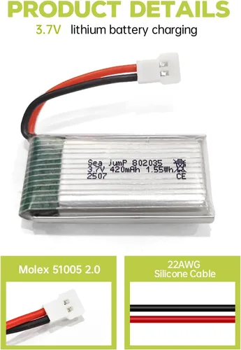 Vista 7 de sea jump 2 baterías Lipo de 3.7 V 420 mAh 25C con cable de carga USB, enchufe Molex compatible con la mayoría de drones RC Quadcopters, aviones