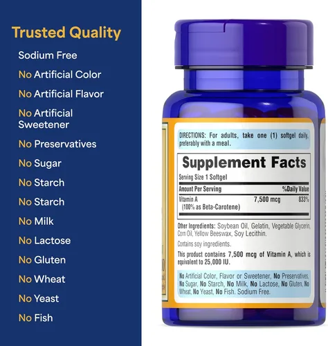 Vista 6 de Puritan's Pride Beta Caroteno Provitamina A 7,500 mcg (25,000 UI), suplemento vitamínico para el sistema inmunológico, antioxidante y apoyo a