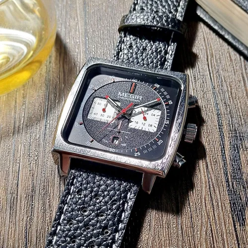 Vista 4 de MEGIR Relojes de cuarzo de 24 horas con esfera cuadrada para hombre, correa de cuero de moda, estilo casual