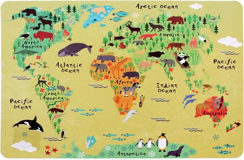 Vista 4 de Juego de 3 manteles individuales con diseño de mapa del mundo, diseño educativo de geografía de animales, para niños, mesa de plástico, divertidos
