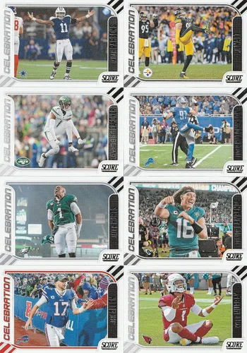 Vista 2 de Juego de 25 tarjetas de fútbol Panini Score 2023 para celebración Josh Allen Jalen Hurts Sauce Gardner Chase Kelce y más
