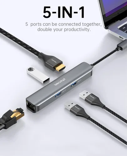 Vista 2 de Adaptador de concentrador USB tipo C 5 en 1. HDMI 4K, Ethernet de 1 Gbps, 3 puertos de datos USB 3.0 de 5 Gbps. Ideal para MacBook Air/Pro, iPad