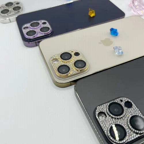 Vista 3 de Paquete de 2 fundas protectoras completas para lente de cámara compatibles con iPhone 3D con diamantes brillantes y brillantes, accesorios