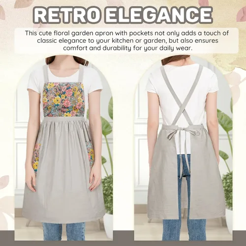 Vista 6 de Pinafore - Delantal de chef para mujer, estilo vintage, con volantes, con bolsillos y lazos largos, con espalda cruzada, bonito delantal de cocina
