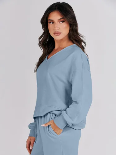 Vista 3 de ANRABESS Conjunto de dos piezas para mujer, conjunto de manga larga con cuello en V y pantalones de pierna ancha