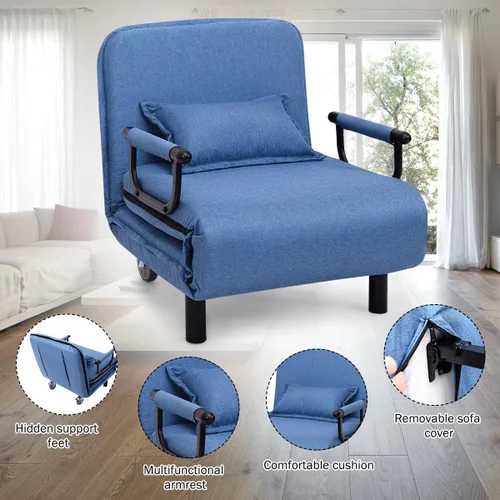 Vista 7 de Cama convertible con sofá cama triple 3 en 1 con almohada, diván plegable de ocio con respaldo ajustable de 5 ángulos, cama perezosa tapizada