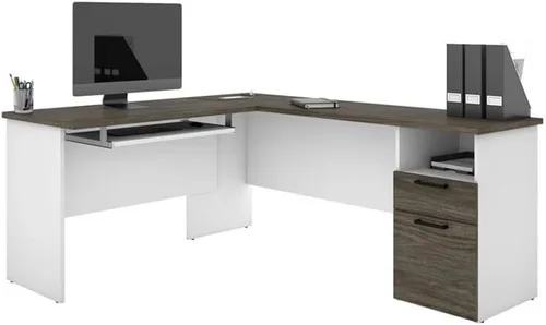 Vista 5 de Pemberly Row Escritorio moderno de madera en forma de L para computadora en nogal gris/blanco