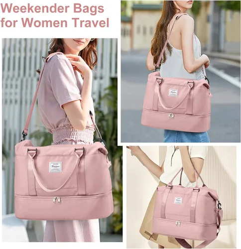 Vista 2 de Bolsas de fin de semana para mujer, bolsas de viaje con compartimento para zapatos, Rosado, Bolsa de viaje+neceser