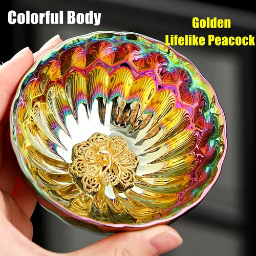 Vista 3 de Jianzhan Tenmoku - Taza de té con pavo real dorado, taza de té chino 3D de Kungfu de porcelana, 5 onzas Color Astilla Pavo Real