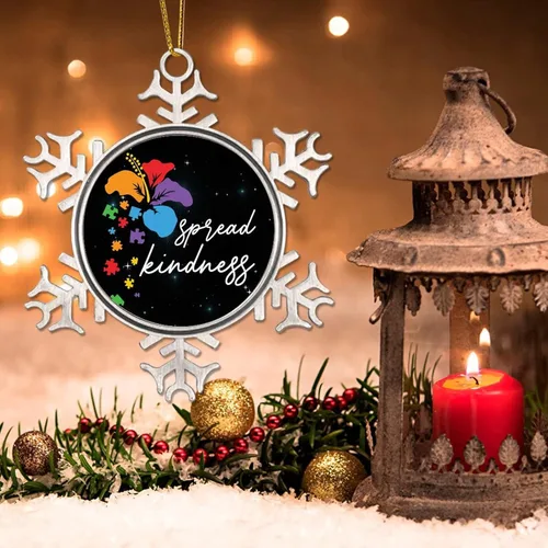 Vista 3 de Adornos para árbol de Navidad – Difunde flores para autismo y decoraciones navideñas de copo de nieve – Recuerdo de metal para el nuevo hogar