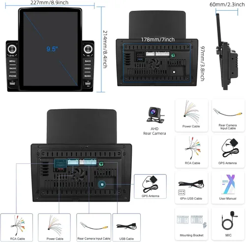 Vista 7 de [2+64G] Android 15 Estéreo de coche doble DIN con CarPlay inalámbrico y Android Auto 9.5" Vertical HD Touch Screen Car Radio,Mirror Link