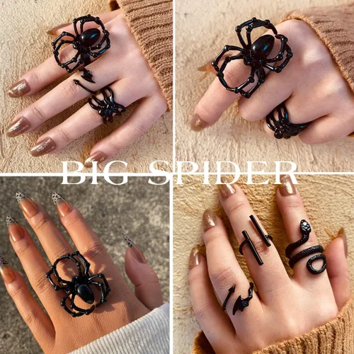Vista 3 de Anillos negros para hombres y mujeres y niñas juego de anillos góticos punk paquete de anillos ajustables góticos anillos de animales apilables