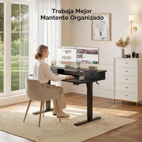 Vista 3 de FEZIBO - Escritorio eléctrico de altura ajustable de 48 x 24 pulgadas con cajón doble, escritorio para computadora, mesa de pie para oficina en casa