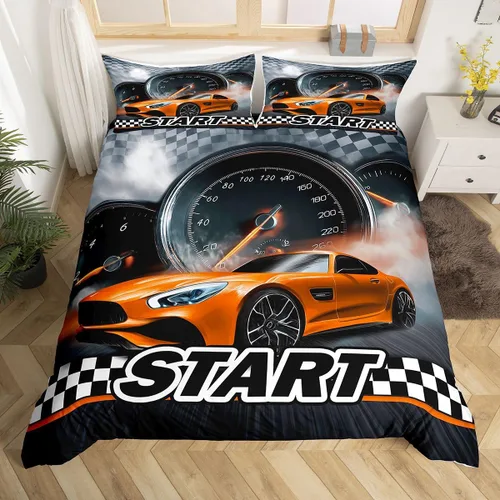 Vista 8 de Erosebridal Juego de ropa de cama de coche deportivo verde para niños, tamaño individual, funda de edredón de autos de carreras para niños
