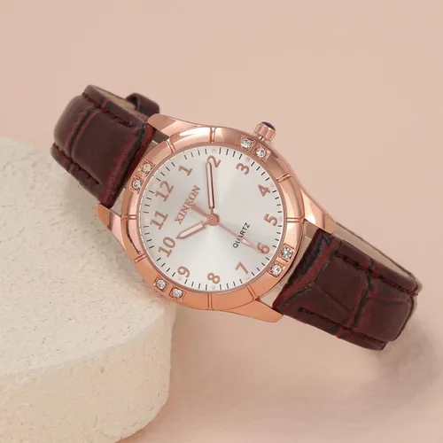 Vista 2 de Top Plaza Reloj clásico con correa de cuero para mujer, números arábigos, fácil de leer, relojes de vestir para mujer