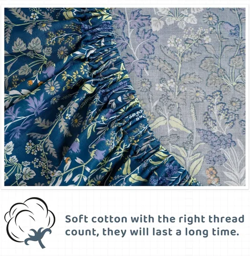 Vista 7 de QSH 100% Sábanas de algodón para cama tamaño Queen - Estampado floral azul de plantas patrón botánico lujoso de algodón estampado floral ropa