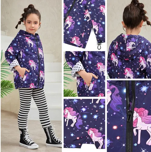 Vista 5 de QPANCY Chamarras de lluvia para niñas, ligeras, impermeables, con capucha, de longitud media, rompevientos para niños