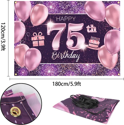 Vista 2 de pancarta grande rosa con texto en inglés “Happy Birthday