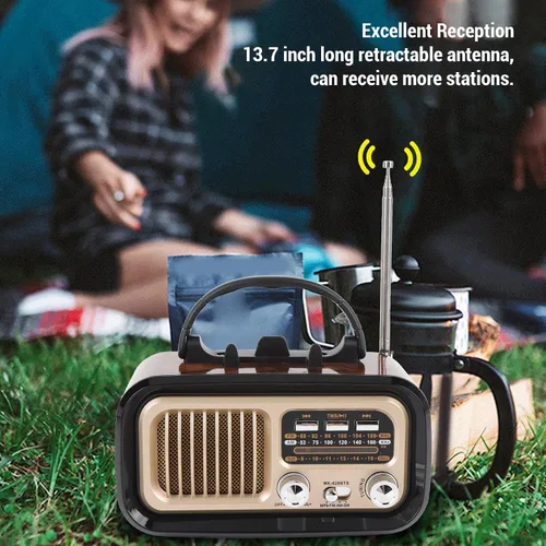 Vista 3 de Radio retro AM FM SW Bluetooth, radios de transistor vintage portátiles con altavoz y antena retráctil, TWS, solar/funciona con batería/recargable
